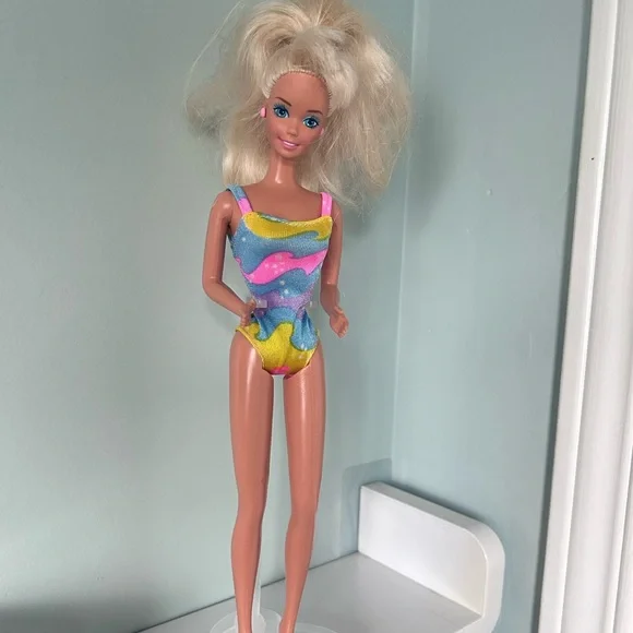 90s Swimsuit Barbie VINTAGE MATTEL BARBIE Butterfly Art Doll Crimped Hair Swimsuit
